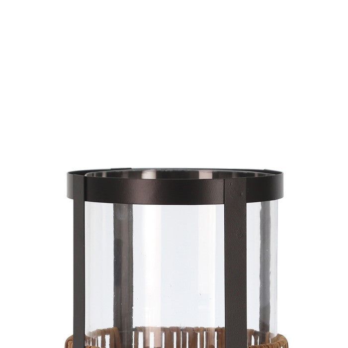 Cylindrical Metal and Glass Hurricane, Set of 2, Black and Brown