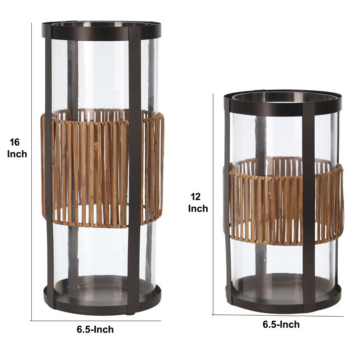 Cylindrical Metal and Glass Hurricane, Set of 2, Black and Brown