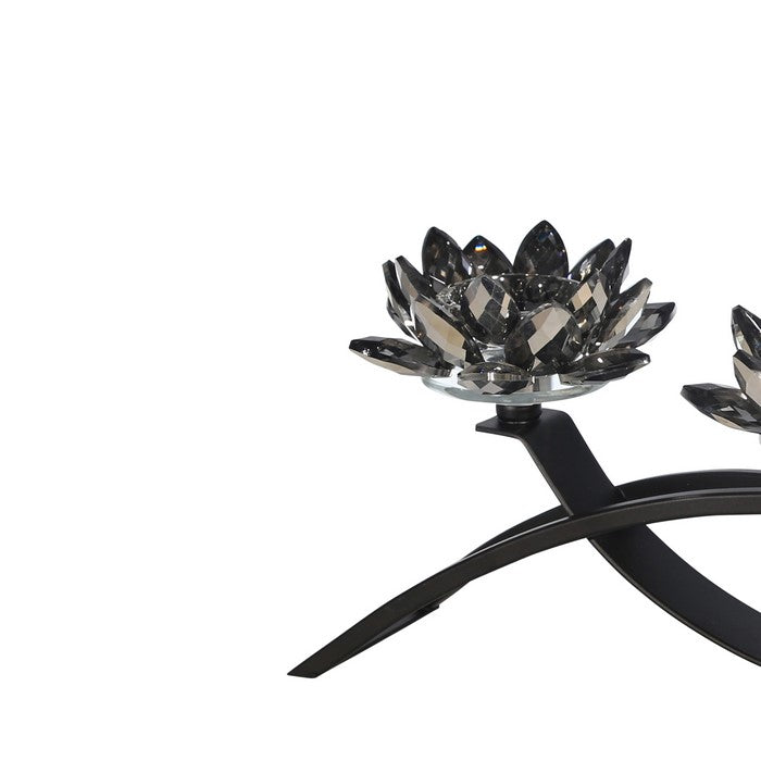 Contemporary Lotus Shaped Glass Candle Holder with Metal Base, Black