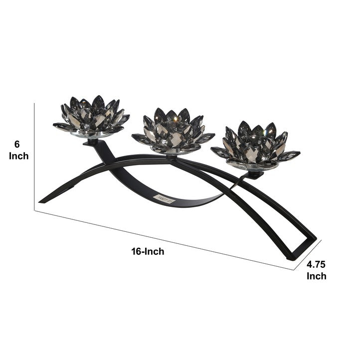 Contemporary Lotus Shaped Glass Candle Holder with Metal Base, Black