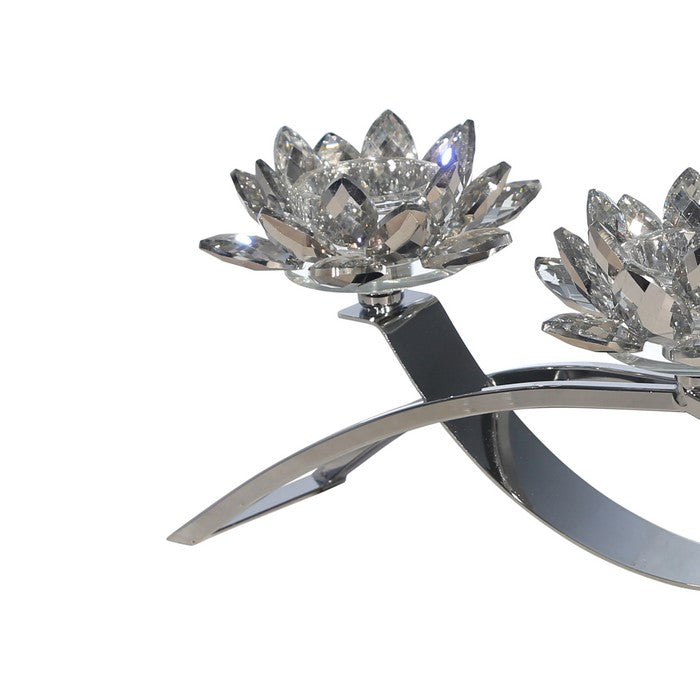 Contemporary Lotus Shaped Glass Candle Holder with Metal Base, Silver