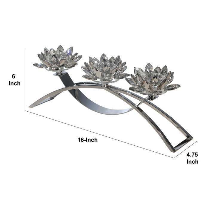 Contemporary Lotus Shaped Glass Candle Holder with Metal Base, Silver