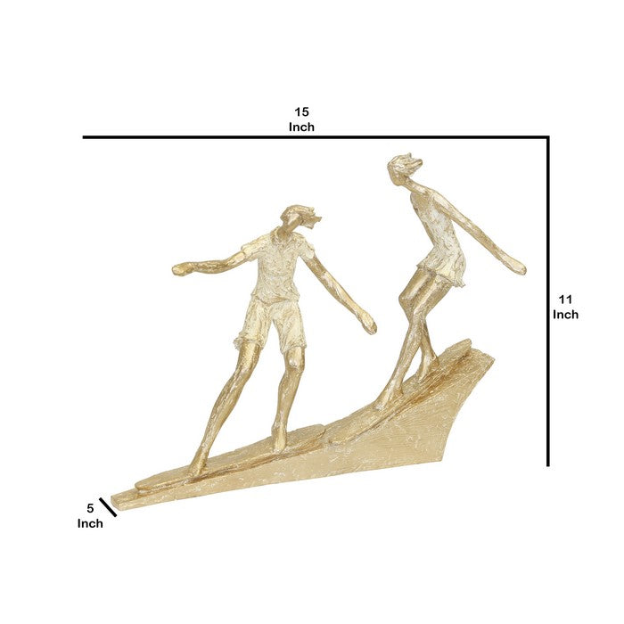Miniature Polyresin Surfing Couple Statuetted, Gold