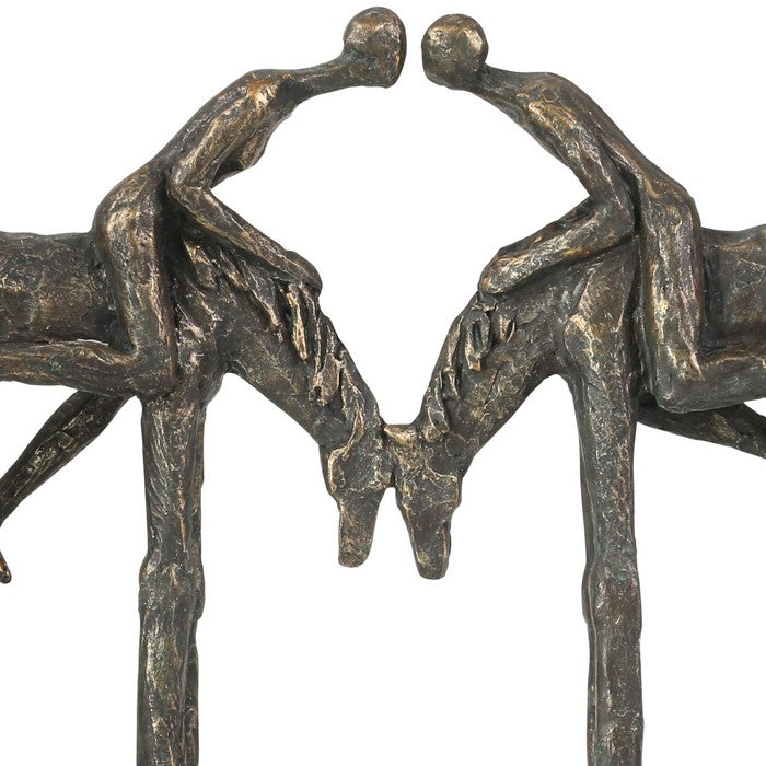 Polyresin Figurine with Kissing Couple On Horseback, Bronze and Gray