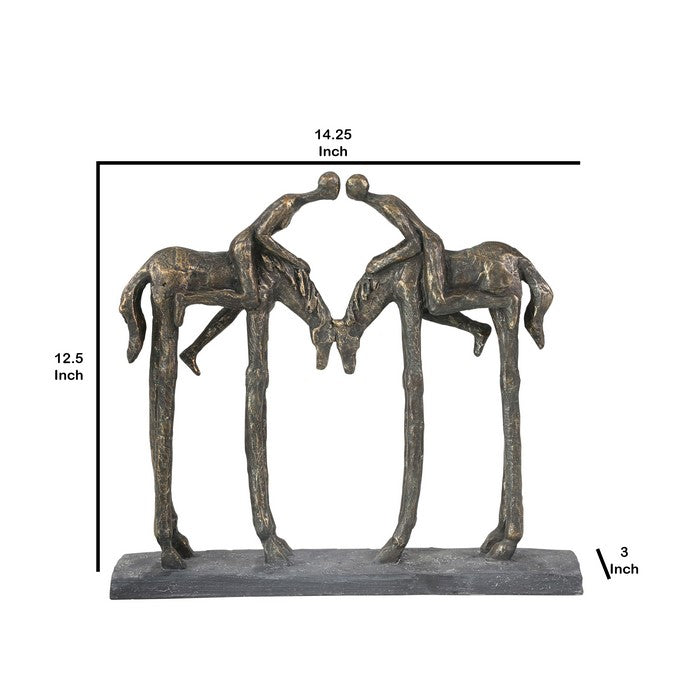 Polyresin Figurine with Kissing Couple On Horseback, Bronze and Gray
