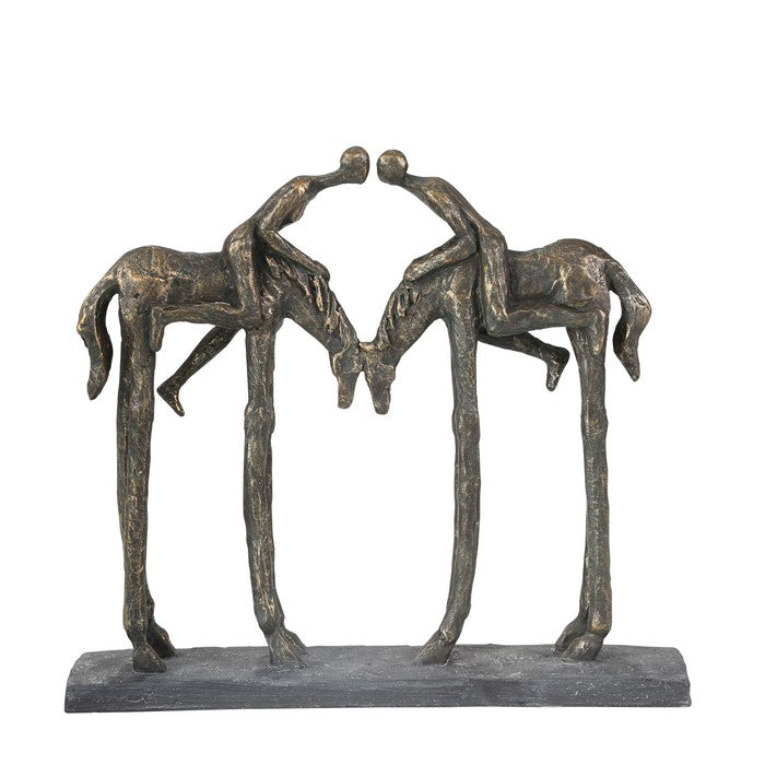 Polyresin Figurine with Kissing Couple On Horseback, Bronze and Gray