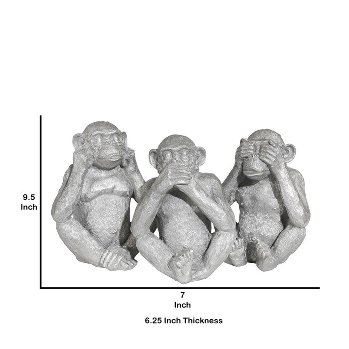 Ribbed Polyresin Chimpanzee Figurines, Set of 3, Silver