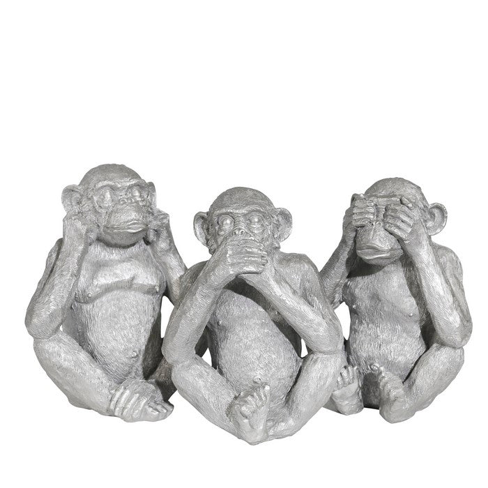 Ribbed Polyresin Chimpanzee Figurines, Set of 3, Silver