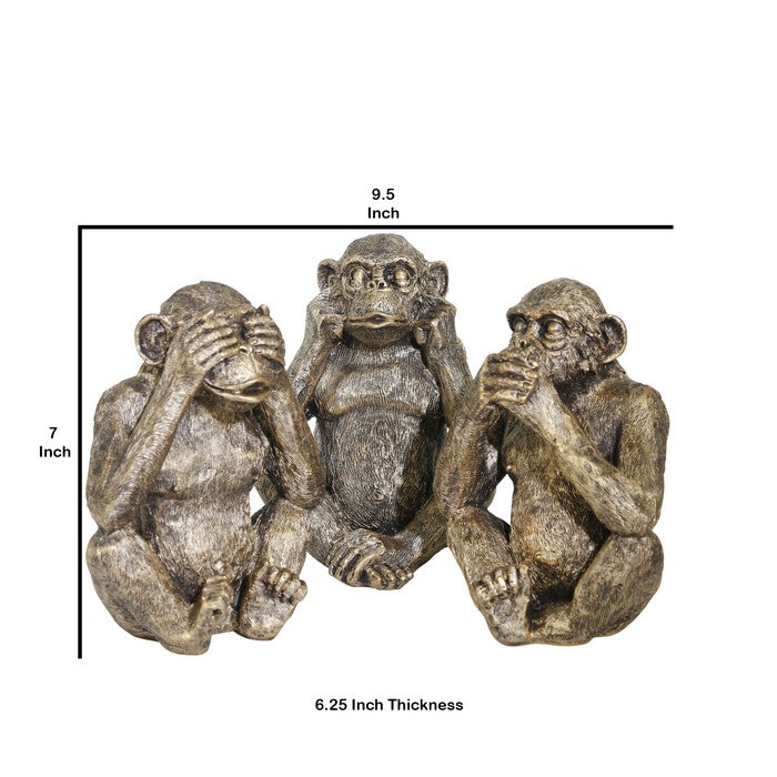Ribbed Polyresin Chimpanzee Figurines, Set of 3, Bronze and Gray