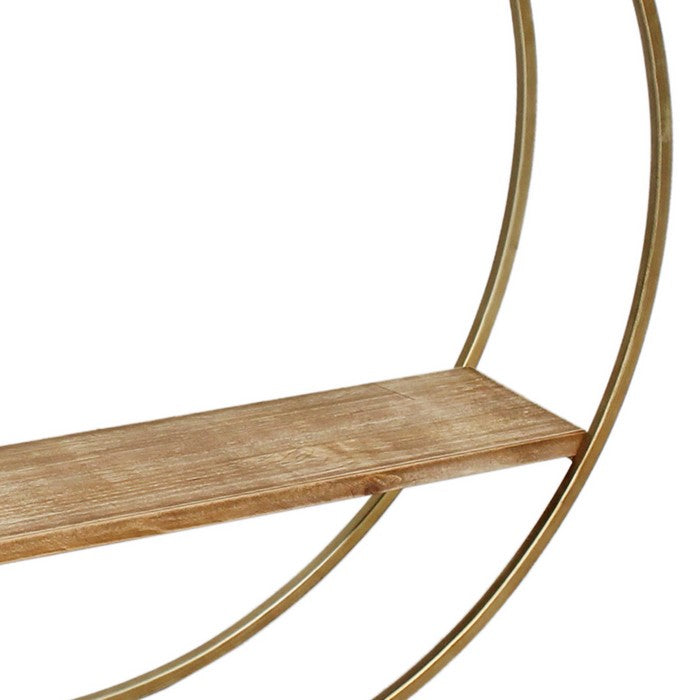 Wood and Metal Wall Shelf with 2 Open Shelves, Brown and Gold