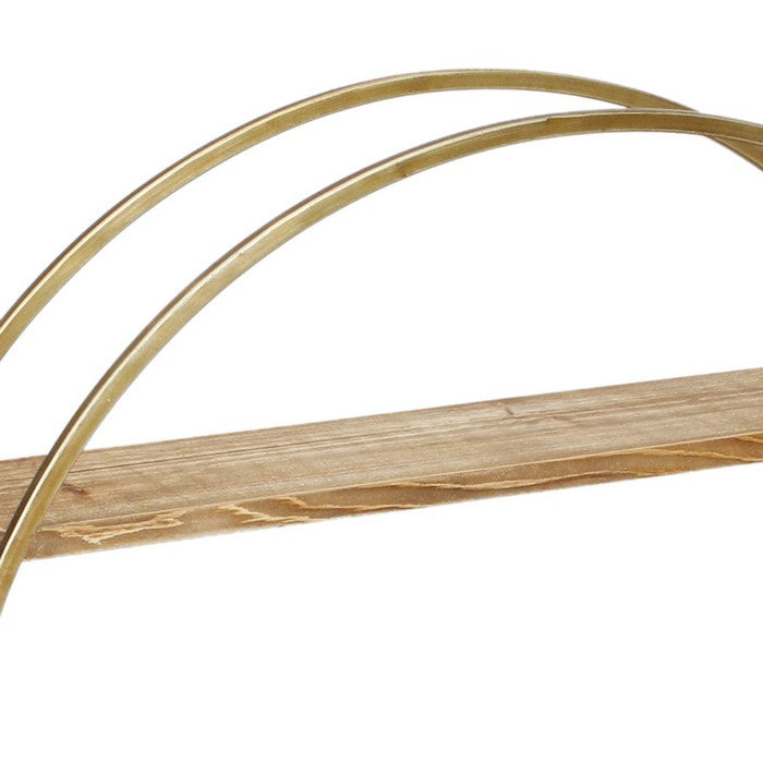 Wood and Metal Wall Shelf with 2 Open Shelves, Brown and Gold