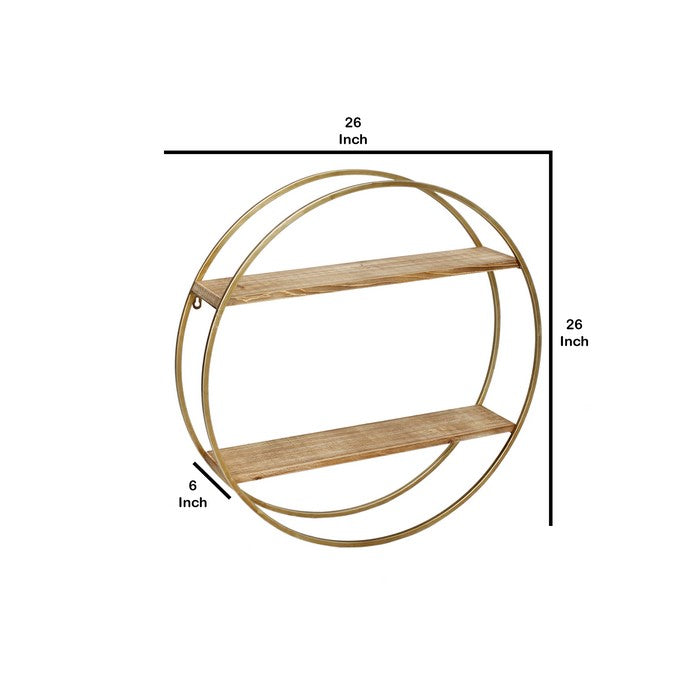 Wood and Metal Wall Shelf with 2 Open Shelves, Brown and Gold