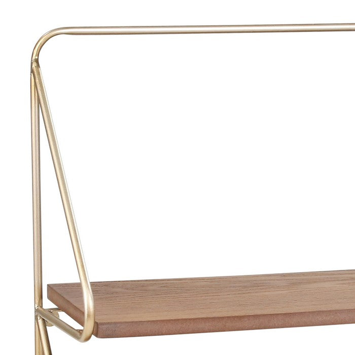 Contemporary Wood and Metal Ornate 2 Tier Wall Shelf, Brown and Gold