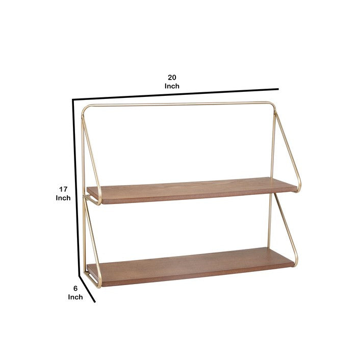 Contemporary Wood and Metal Ornate 2 Tier Wall Shelf, Brown and Gold