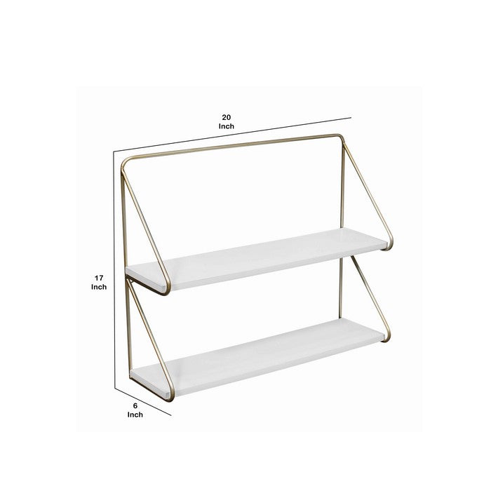 Contemporary Wood and Metal Ornate 2 Tier Wall Shelf, White and Gold
