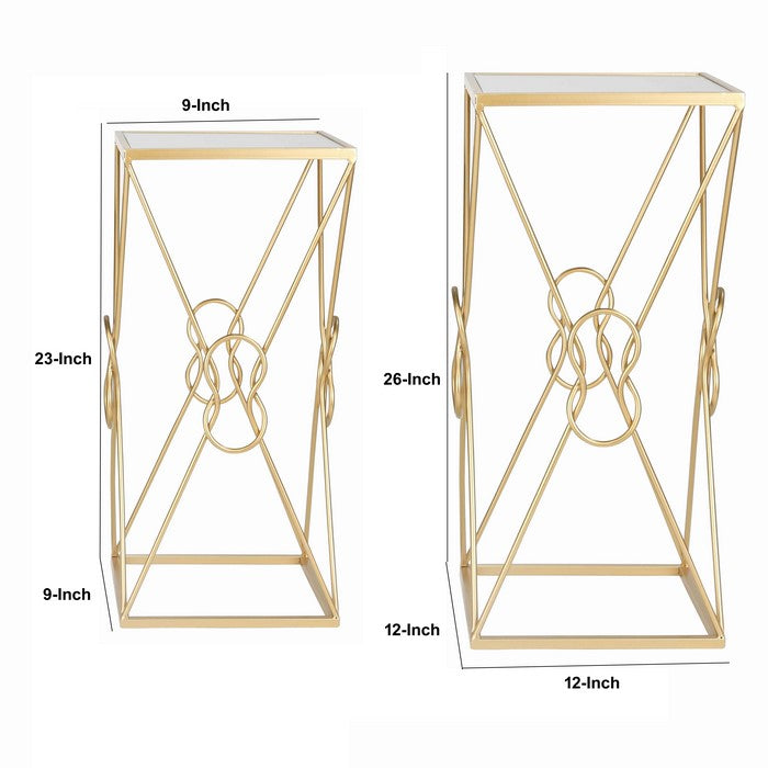 Metal Accent Tables with Square Mirror Top, Set of 2, Gold and Silver