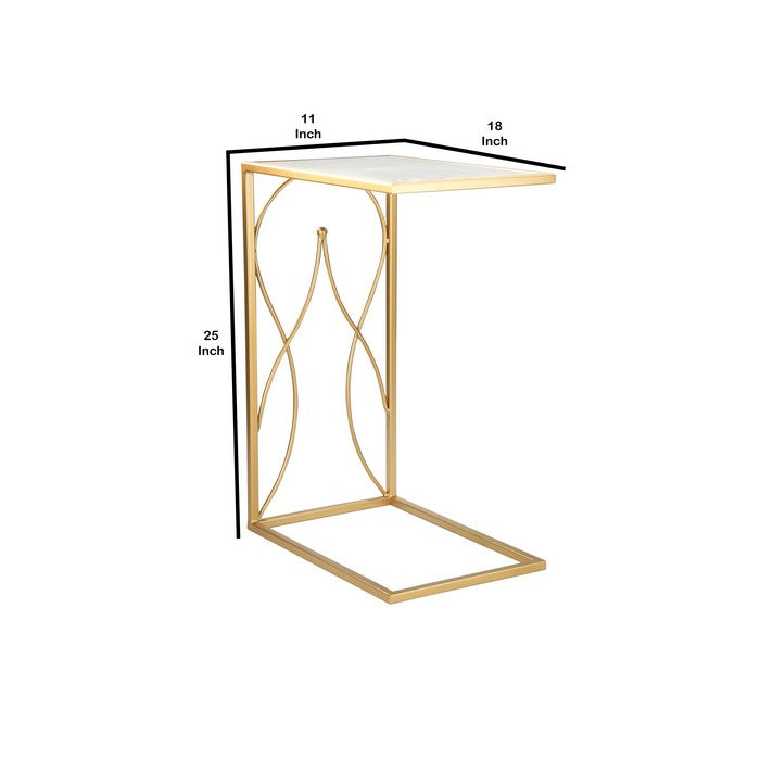Metal Accent Table with C Shaped Structure, Gold and Silver