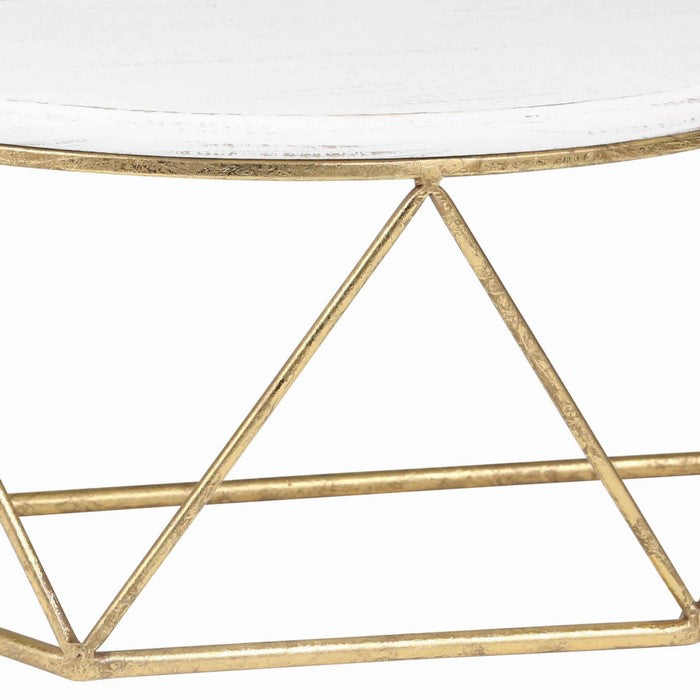 Wood and Metal Wall Shelf with Half Moon Shaped Top, White and Gold