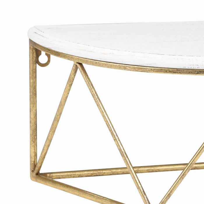 Wood and Metal Wall Shelf with Half Moon Shaped Top, White and Gold