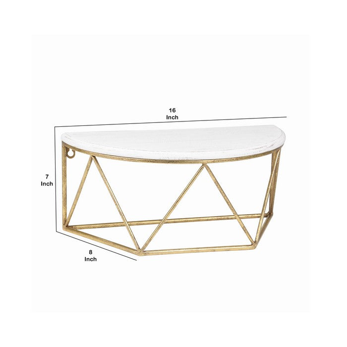 Wood and Metal Wall Shelf with Half Moon Shaped Top, White and Gold