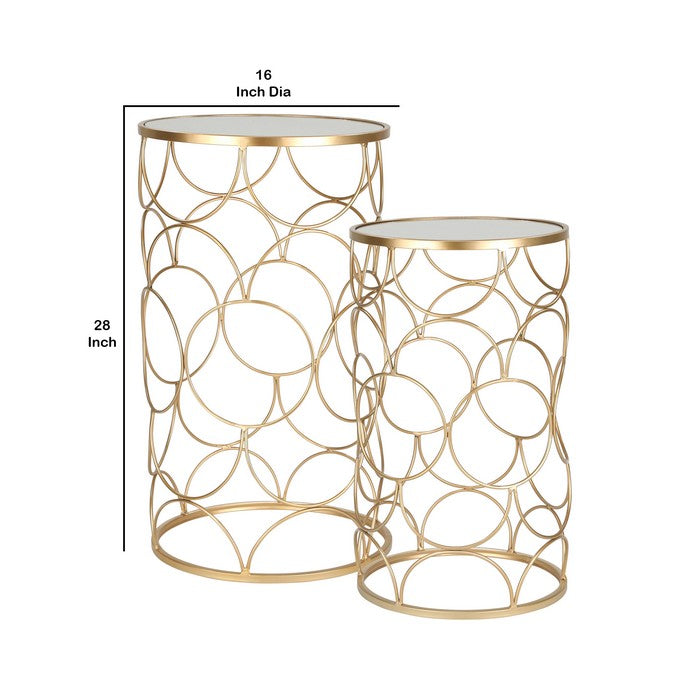 Metal Side Table with Geometric Pattern, Set of 2, Gold and Silver