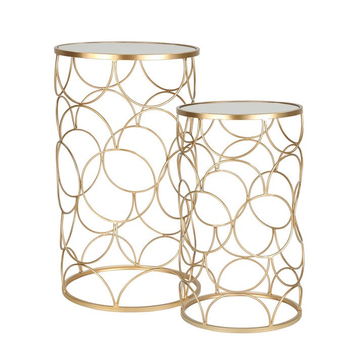 Metal Side Table with Geometric Pattern, Set of 2, Gold and Silver