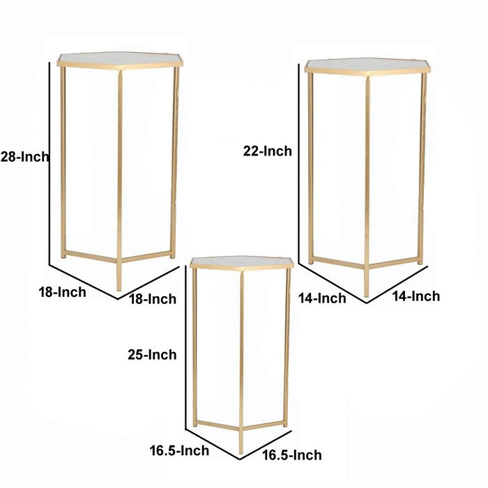 Metal Accent Tables with Hexagonal Top, Set of 3, Gold and Silver