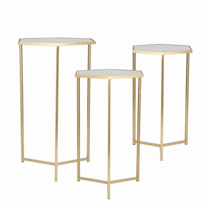 Metal Accent Tables with Hexagonal Top, Set of 3, Gold and Silver