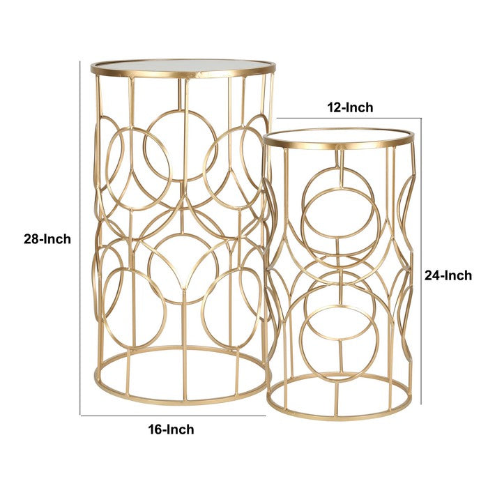 Metal Accent Table with Geometric Pattern, Set of 2, Gold and Silver