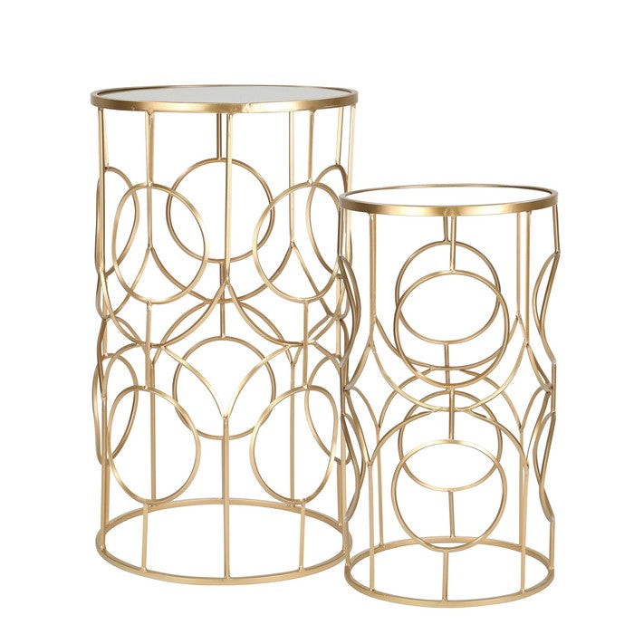 Metal Accent Table with Geometric Pattern, Set of 2, Gold and Silver