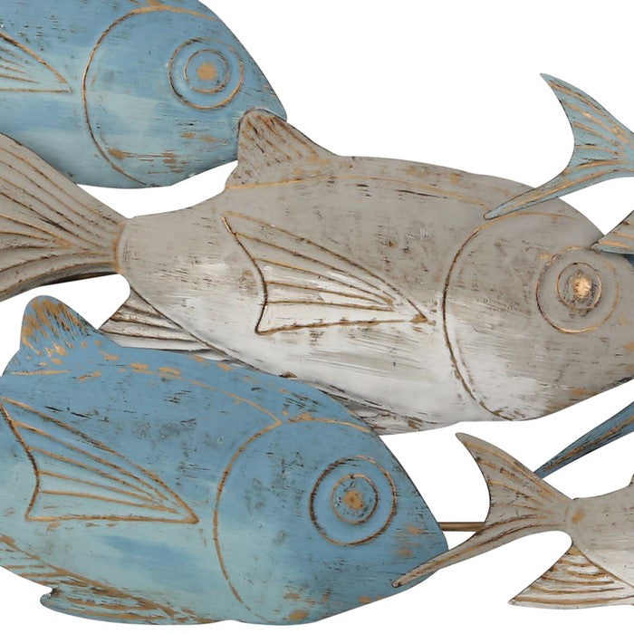 Metal Wall Decor with Multiple Swimming Fishes, Gray and Blue
