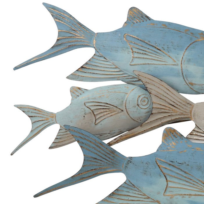 Metal Wall Decor with Multiple Swimming Fishes, Gray and Blue
