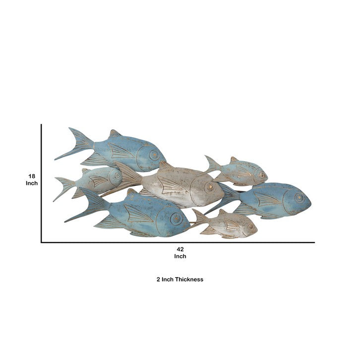 Metal Wall Decor with Multiple Swimming Fishes, Gray and Blue
