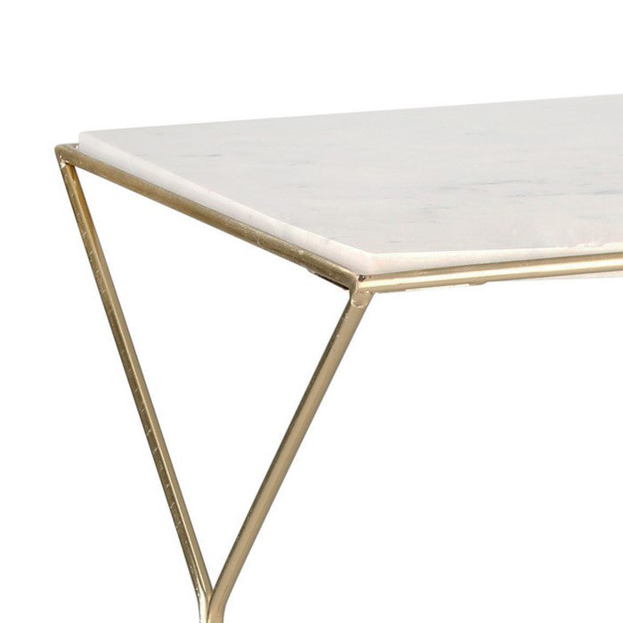 Rectangular Table with Marble top and Magazine Rack, Gold and White