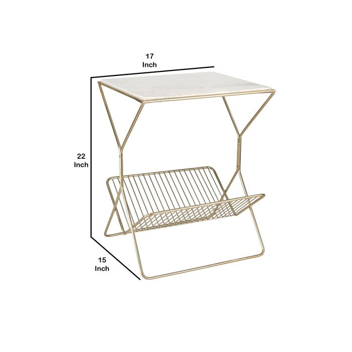Rectangular Table with Marble top and Magazine Rack, Gold and White