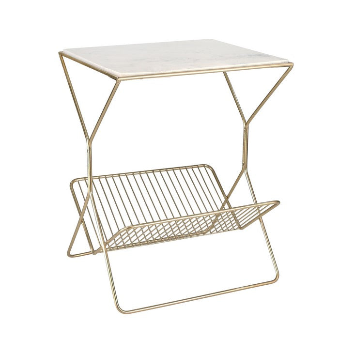 Rectangular Table with Marble top and Magazine Rack, Gold and White