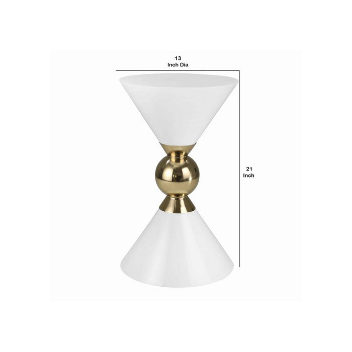 Modern Style Round Accent Table with Hourglass Design, Gold and White