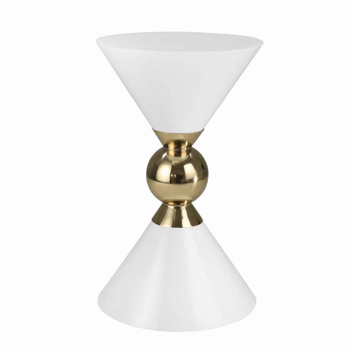 Modern Style Round Accent Table with Hourglass Design, Gold and White