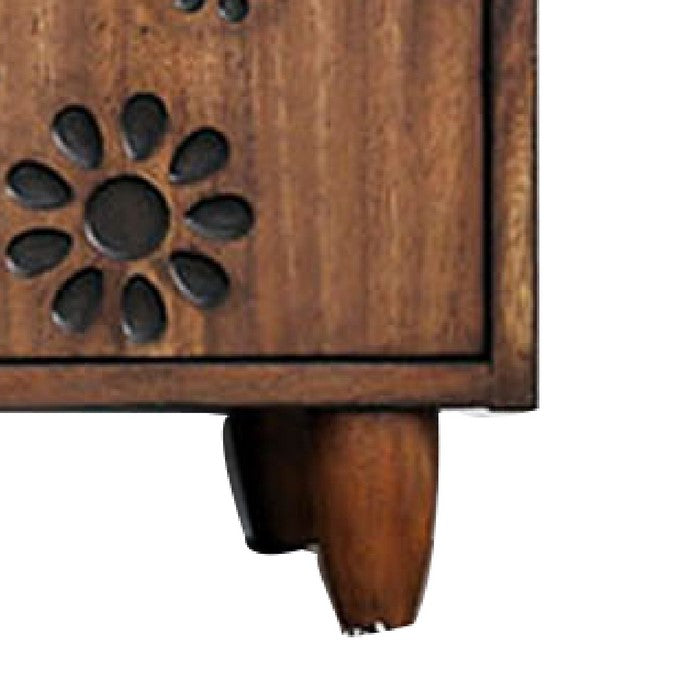 Transitional Wooden Tv Stand with Floral Burned Design, Brown and Black