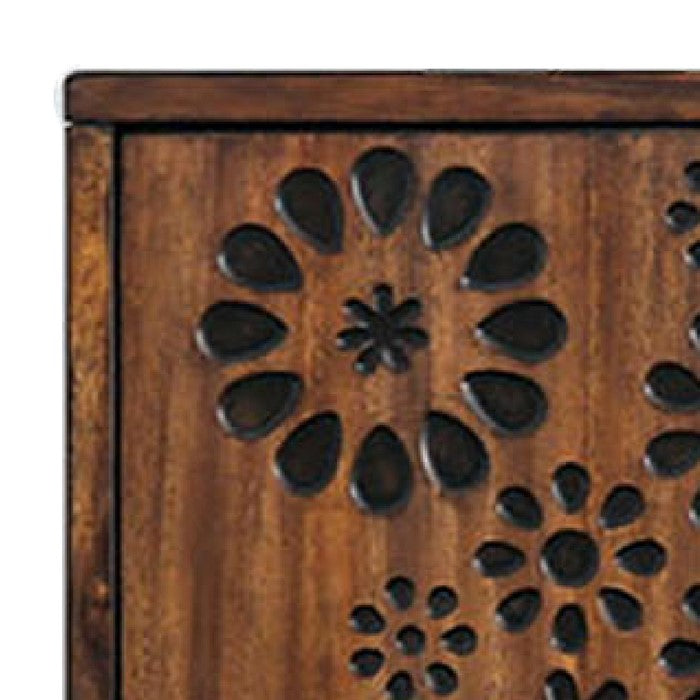 Transitional Wooden Tv Stand with Floral Burned Design, Brown and Black