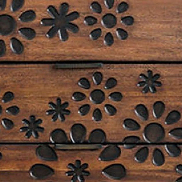 Transitional Wooden Tv Stand with Floral Burned Design, Brown and Black