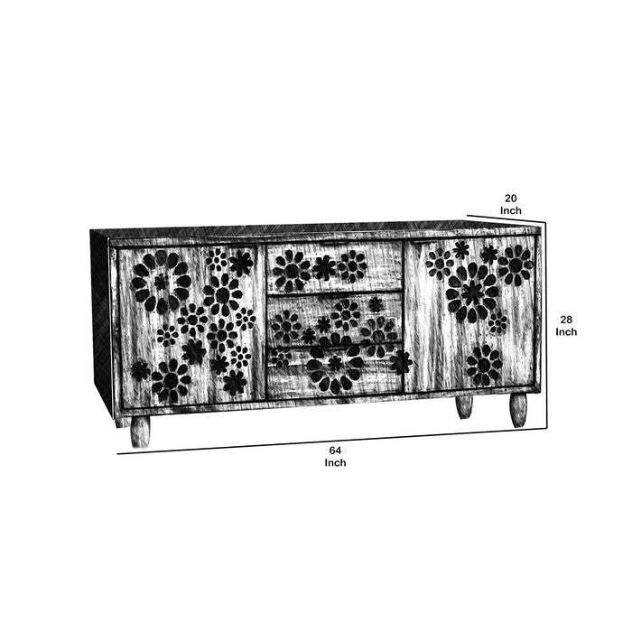Transitional Wooden Tv Stand with Floral Burned Design, Brown and Black