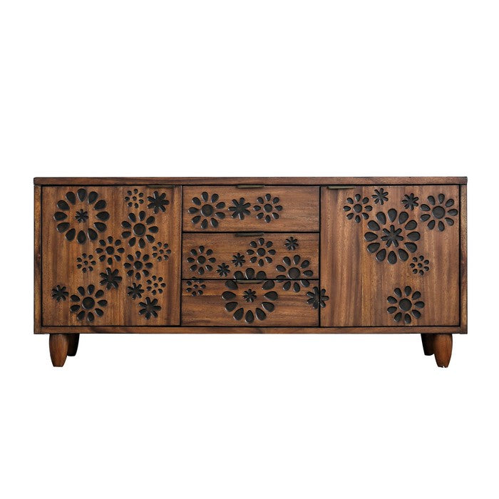 Transitional Wooden Tv Stand with Floral Burned Design, Brown and Black