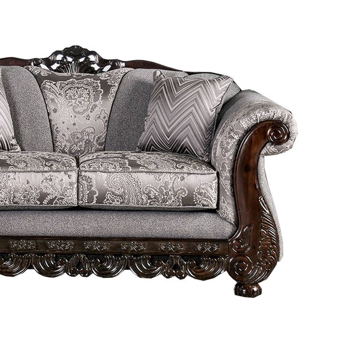 Chenille Fabric Upholstered Loveseat with Arched Back, Gray and Brown