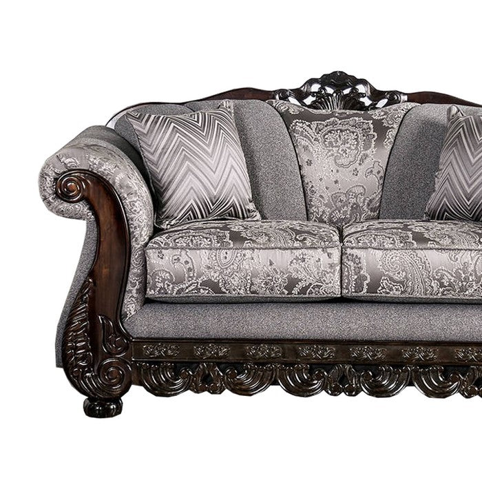 Chenille Fabric Upholstered Loveseat with Arched Back, Gray and Brown