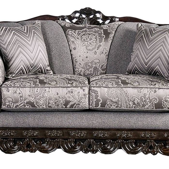 Chenille Fabric Upholstered Loveseat with Arched Back, Gray and Brown