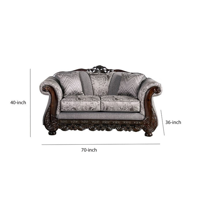 Chenille Fabric Upholstered Loveseat with Arched Back, Gray and Brown