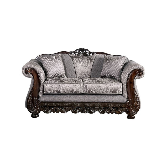 Chenille Fabric Upholstered Loveseat with Arched Back, Gray and Brown