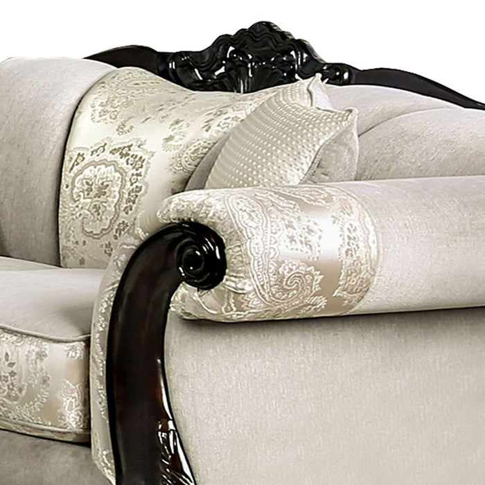 Chenille Fabric Upholstered Loveseat with Arched Back, Beige and Brown