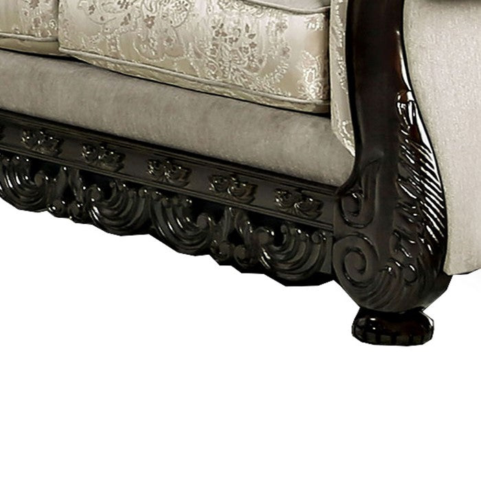 Chenille Fabric Upholstered Loveseat with Arched Back, Beige and Brown